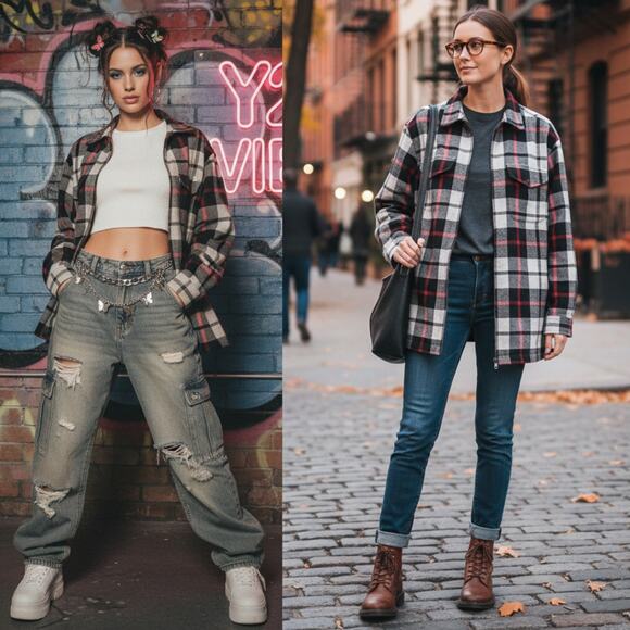 Lauren Ralph Lauren Flannel Plaid Long Sleeve Zip-Up Shacket Size Md / Lg Y2K - Picture 1 of 14